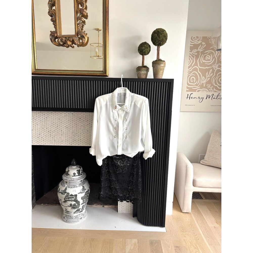 VTG 80s Kathy Che White Embroidered Pearl Scalloped Statement Collar Blouse M L - Picture 5 of 8
